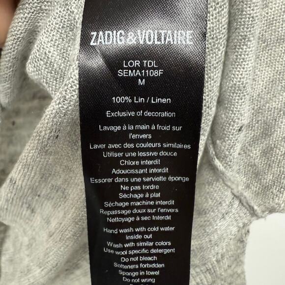 Zadig & Voltaire 100% Linen Elbow Sleeve Embellished Sweater Women's Size M Gray - Picture 9 of 9